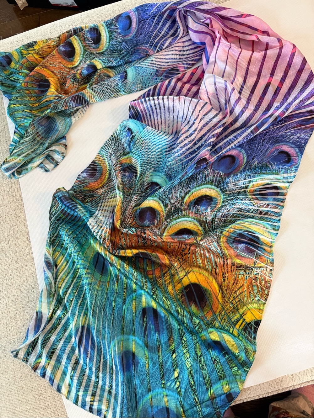 Echo Multicolor Silk Peacock Feather Printed Lightweight Scarf